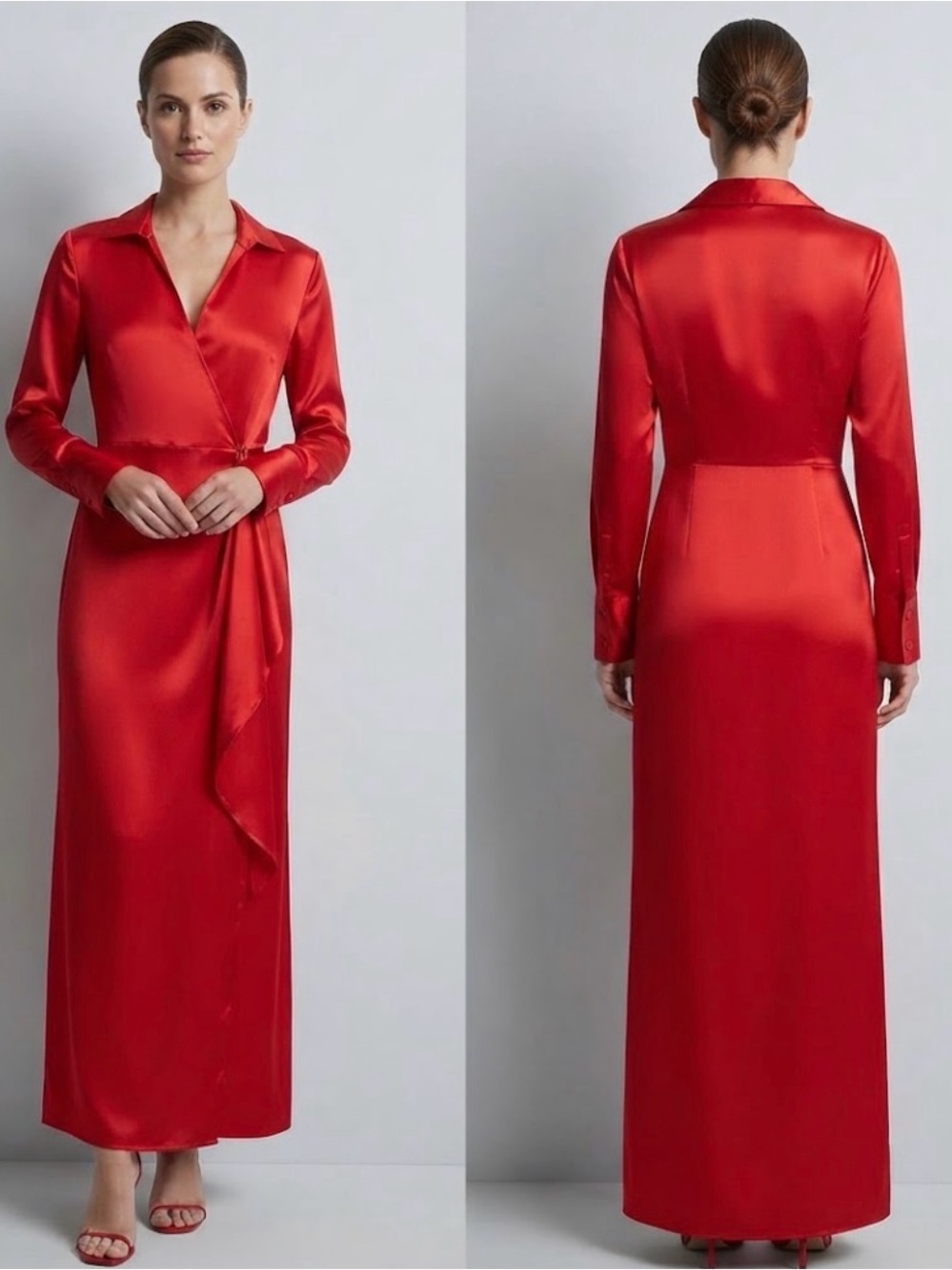 Women's Red Poly/Cotton Blend Long-Sleeve Wrap Maxi Dress